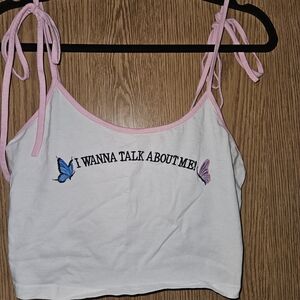 Shein I wanna talk about me White Crop Top with Pink Trim and Butterfly Design